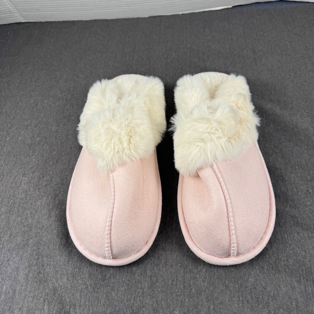 Womens Pink Faux Fur Lined Scuff Slippers House Shoes Size 9-10 Large Cozy